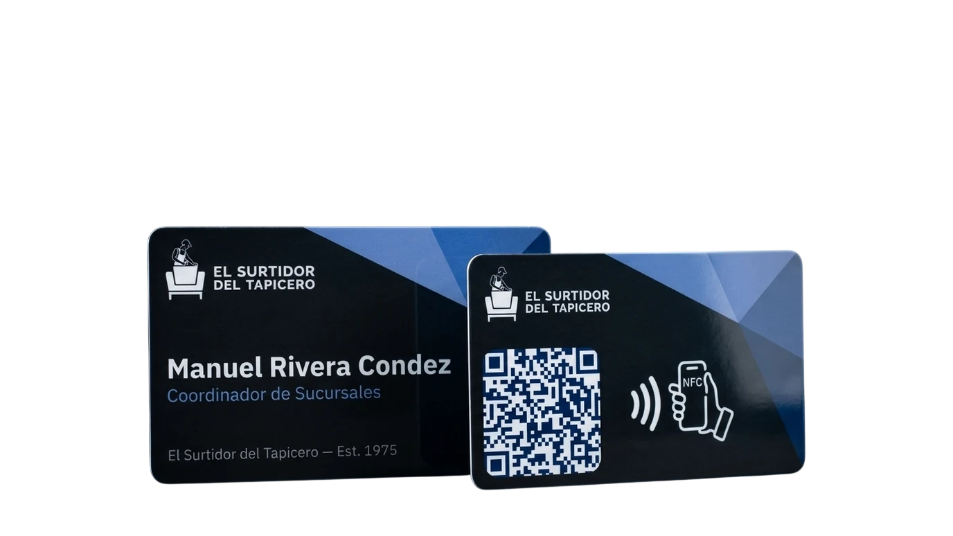 Tarjeta NFC personalizada de El Surtidor del Tapicero, frente y reverso