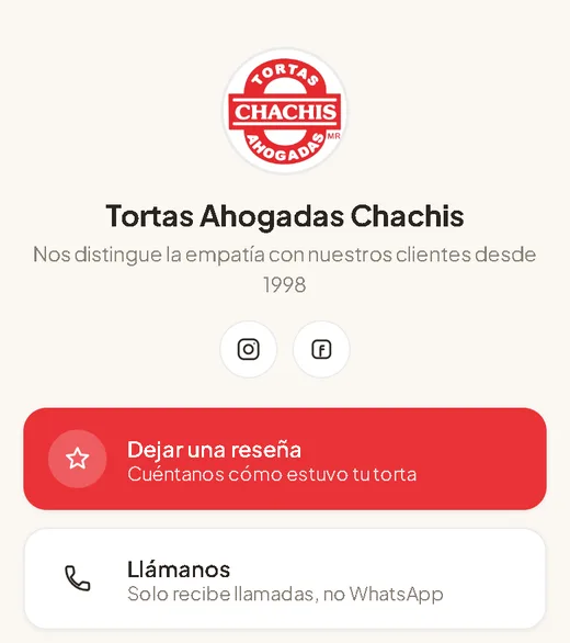 Pantalla real: mini página de Tortas Ahogadas Chachis con botón de reseña, llamadas y redes